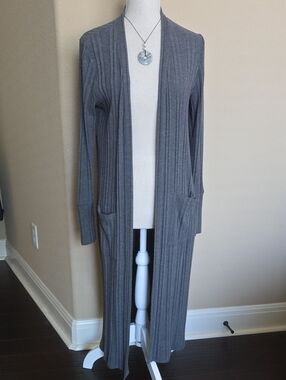 Evereve Peyton Jensen Long Ribbed Knit Duster Cardigan Pockets Gray - M